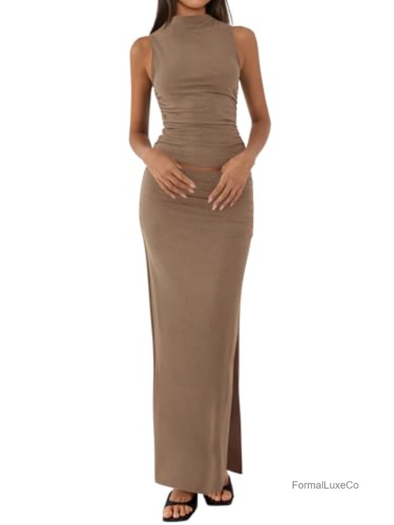 Mock Neck Sleeveless Knit Top And Maxi Skirt Set - Two Piece Outfit